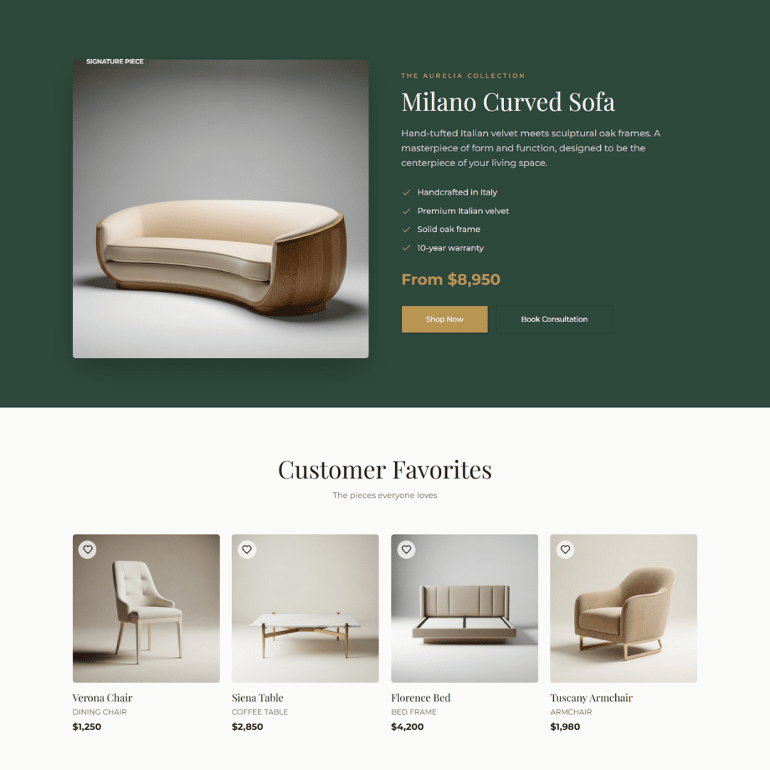 Featured product spotlight - Milano Curved Sofa with customer favorites