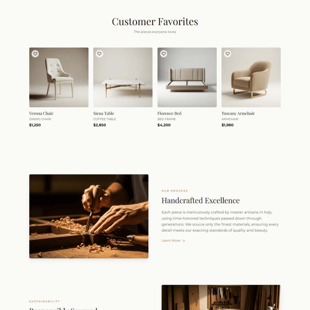Customer favorites and handcrafted excellence sections
