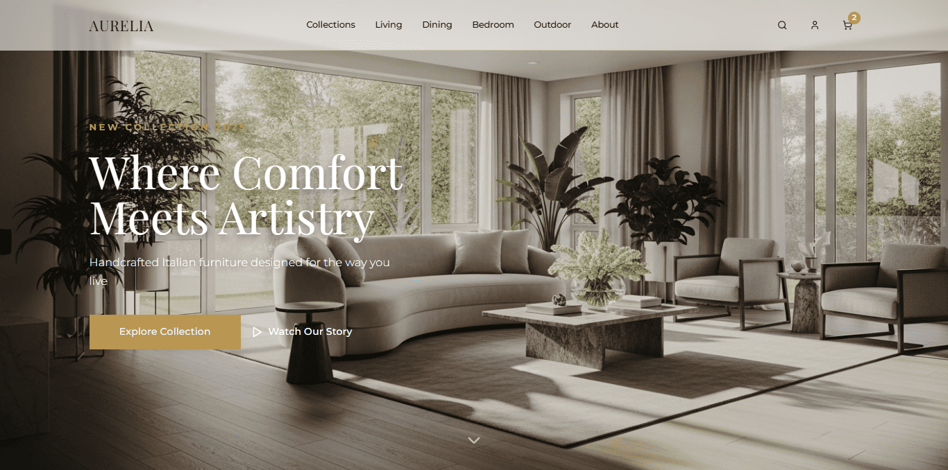 Aurelia Home hero section with elegant living room and navigation