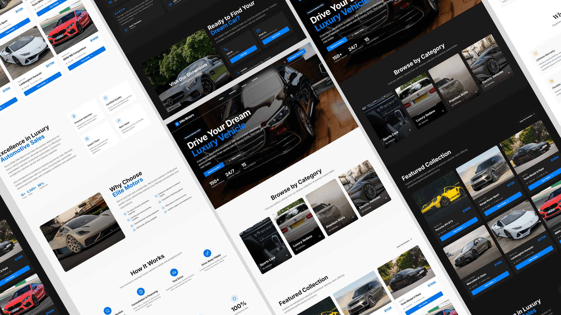 Elite Motors luxury car dealership website homepage featuring premium vehicle showcase